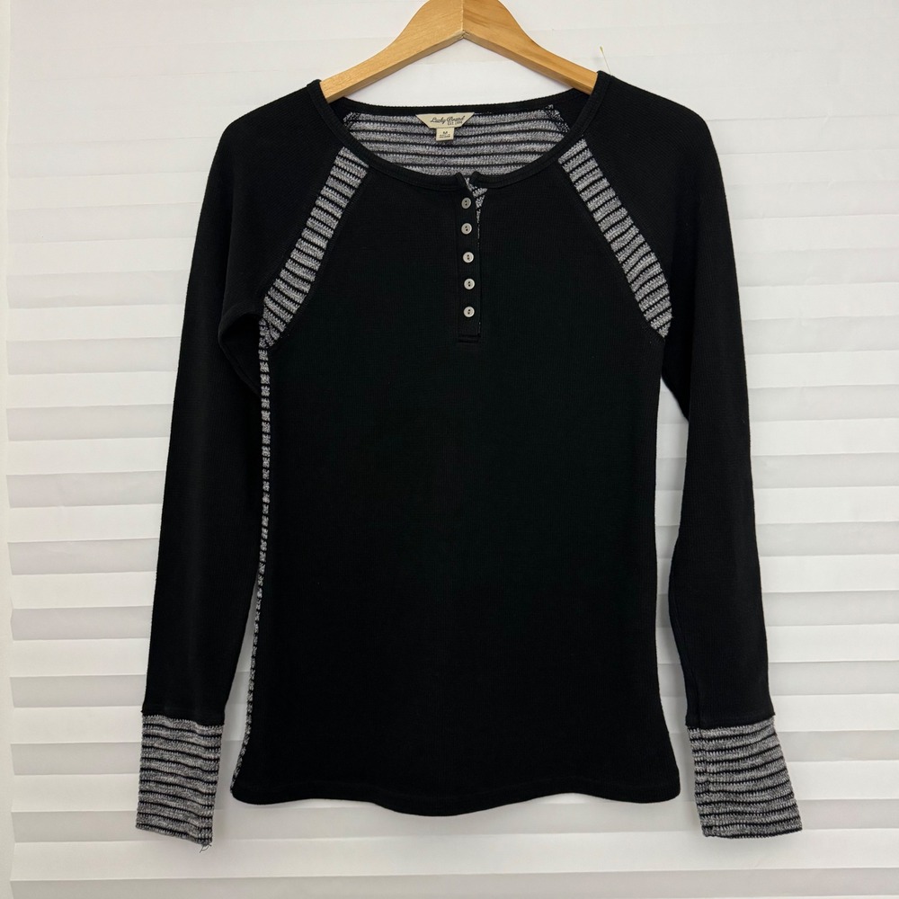 Lucky Brand Womens Black Striped Thermal Henley Long Sleeve Waffle Knit Top M
